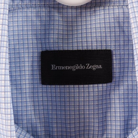 Ermenegildo Zegna 15.5 Cotton Tailored Blue French Cuff Check Men Shirt Spread - Picture 12 of 16